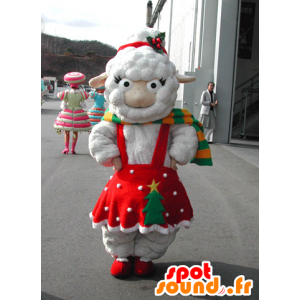 Hvit sau maskot kledd i en rød julekjole - MASFR031577 - sau Maskoter