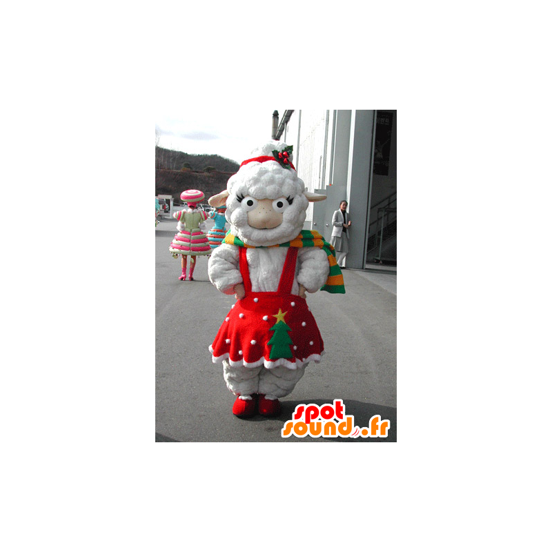 White sheep mascot dressed in a red Christmas dress - MASFR031577 - Mascots sheep