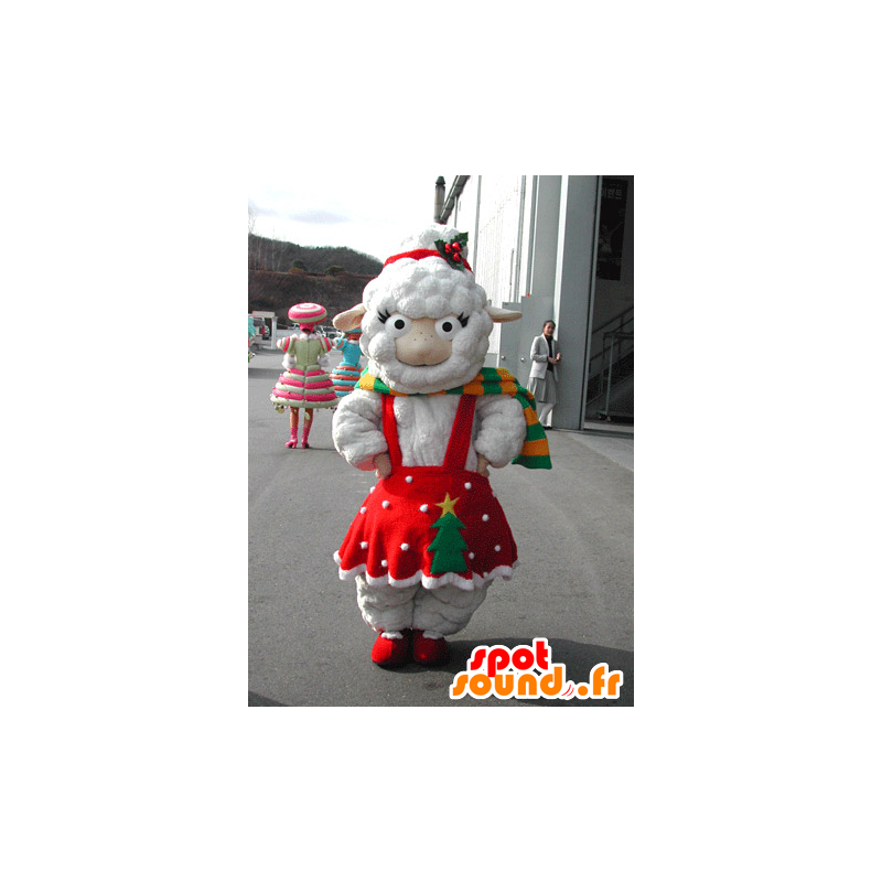 Mascote ovelha branca vestida com um vestido vermelho de Natal - MASFR031577 - Mascotes Sheep