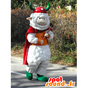 White sheep mascot with a cape and a Viking helmet - MASFR031579 - Mascots sheep