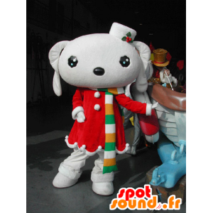 White bunny mascot dressed in a red Christmas dress - MASFR031581 - Rabbit mascot