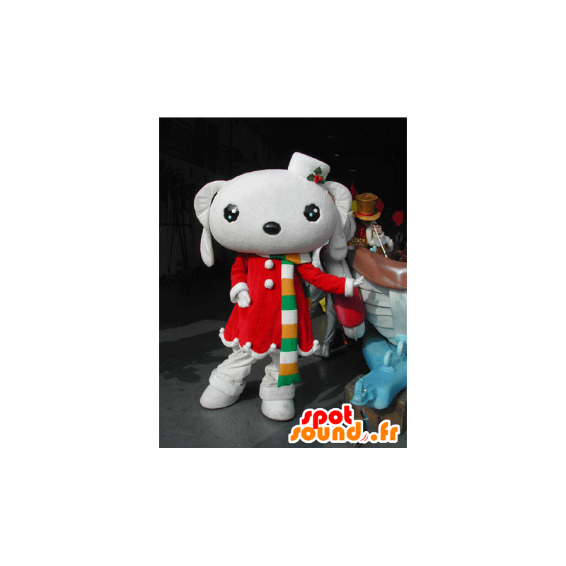 Mascotte de lapin blanc habillé d'une robe rouge de Noël - MASFR031581 - Mascotte de lapins