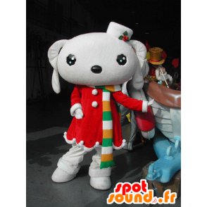 White bunny mascot dressed in a red Christmas dress - MASFR031581 - Rabbit mascot