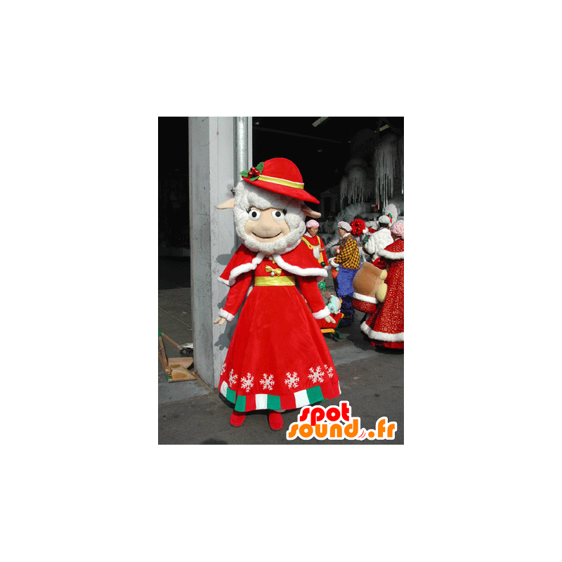 λευκό μασκότ προβάτων ντυμένος με κόκκινη στολή Χριστούγεννα - MASFR031582 - Μασκότ Πρόβατα