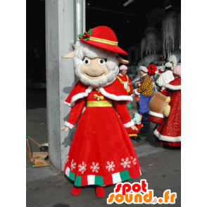 White sheep mascot dressed in red Christmas outfit - MASFR031582 - Mascots sheep