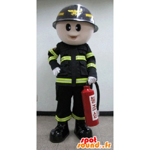Brandmand maskot i sort og gul uniform - Spotsound maskot