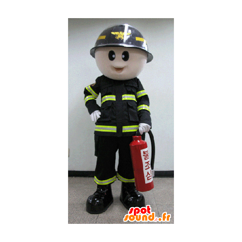 Brandmand maskot i sort og gul uniform - Spotsound maskot