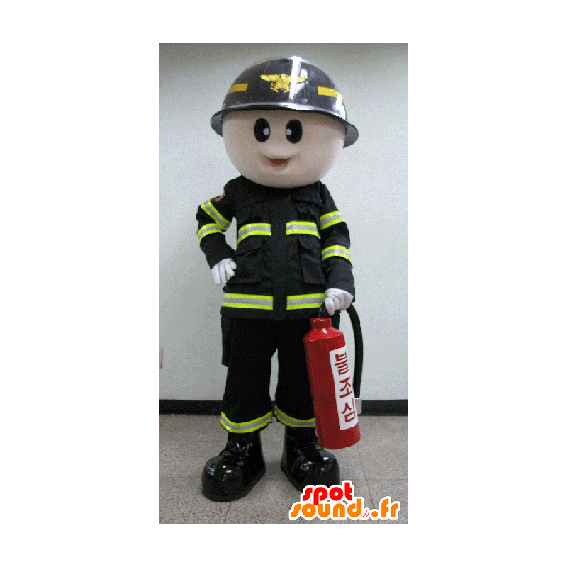 Fireman mascote uniforme preto e amarelo - MASFR031584 - Mascotes humanos