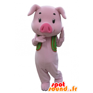 Różowy świnia maskotka z zieloną kamizelkę - MASFR031595 - Maskotki świnia
