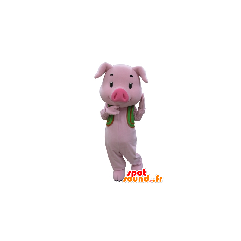 Mascotte maiale rosa con un giubbotto verde - MASFR031595 - Maiale mascotte