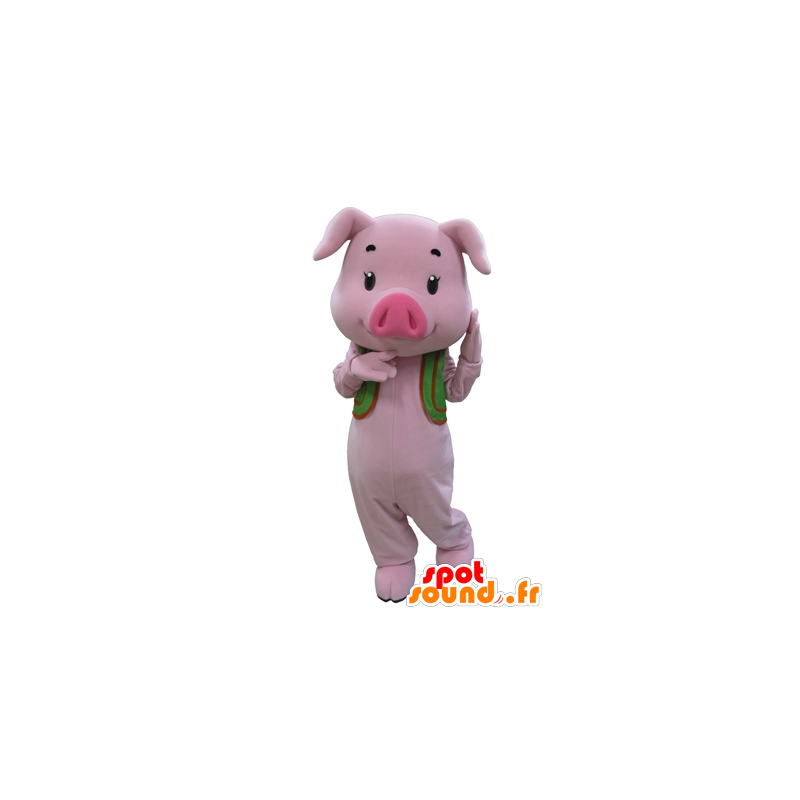 Pink gris maskot med grøn vest - Spotsound maskot kostume