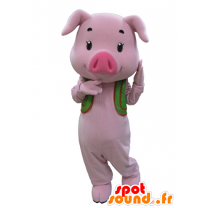 Pink pig mascot with a green vest - MASFR031595 - Mascots pig