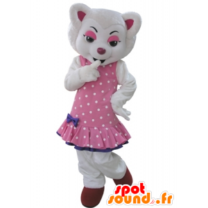 Weißer Wolf-Maskottchen, in einem rosa Kleid mit Tupfen gekleidet - MASFR031602 - Maskottchen-Wolf