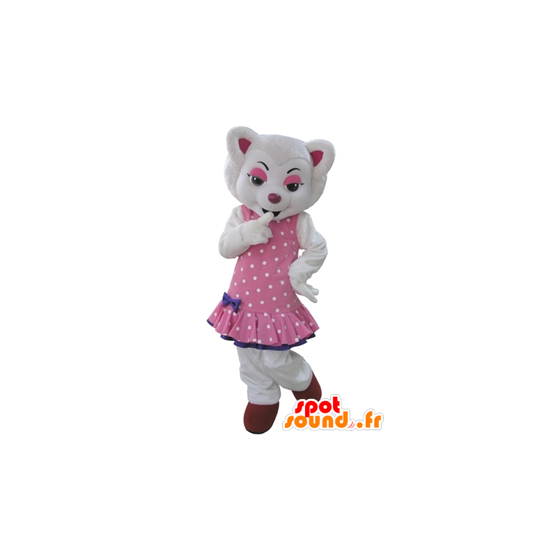 Weißer Wolf-Maskottchen, in einem rosa Kleid mit Tupfen gekleidet - MASFR031602 - Maskottchen-Wolf
