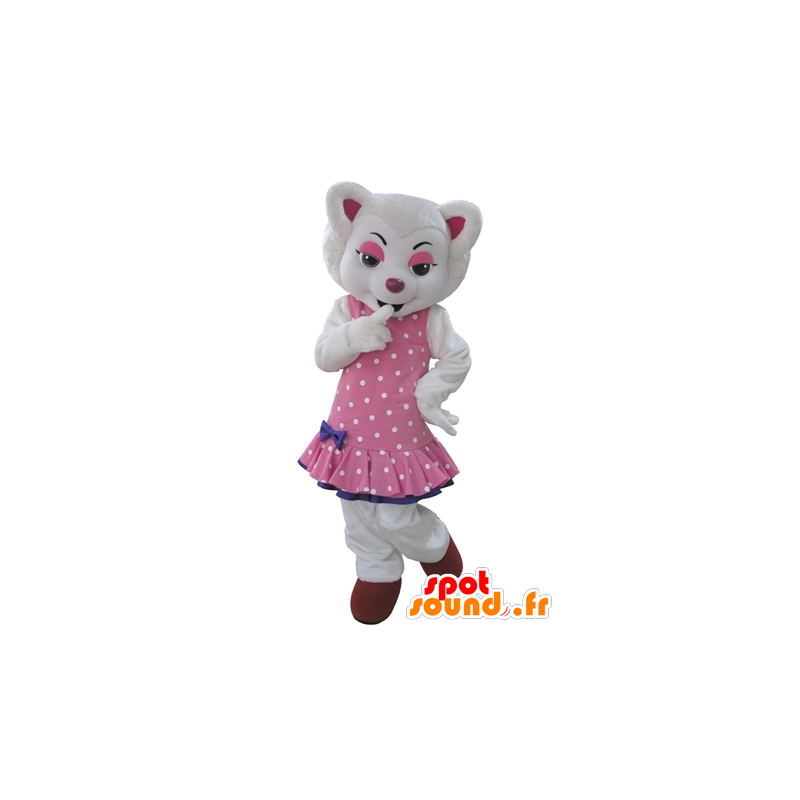 White wolf mascot, dressed in a pink dress with polka dots - MASFR031602 - Mascots Wolf