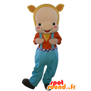 Mascot beige gris, klædt i overalls - Spotsound maskot kostume