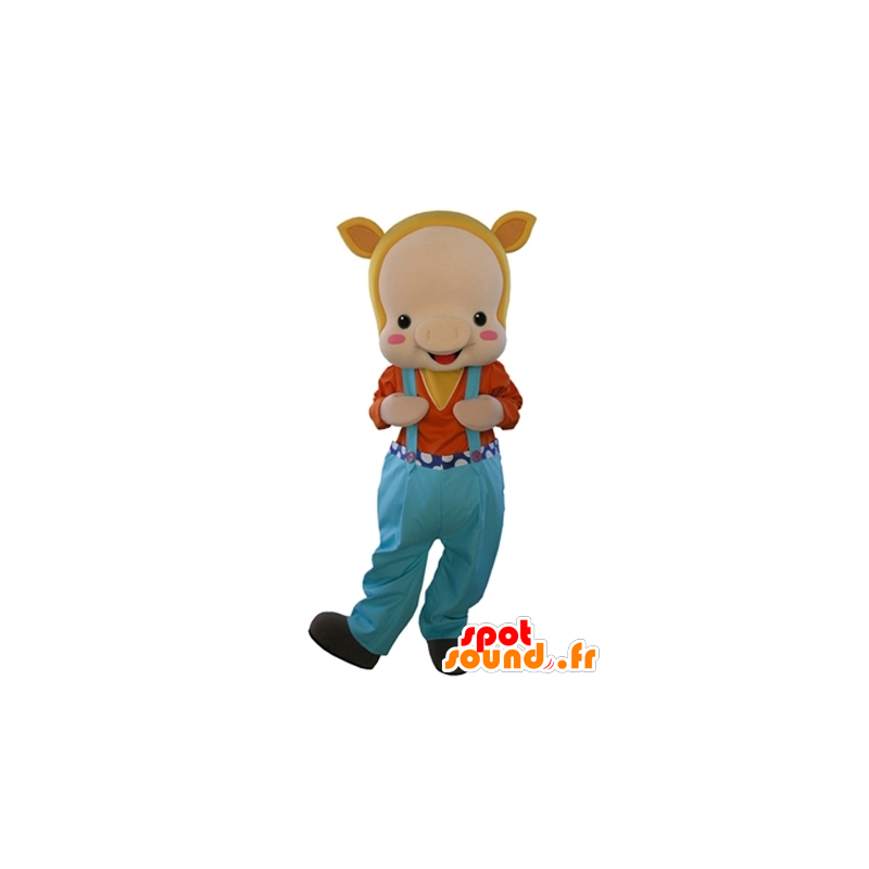 Mascotte de cochon beige, habillé en salopette - MASFR031603 - Mascottes Cochon
