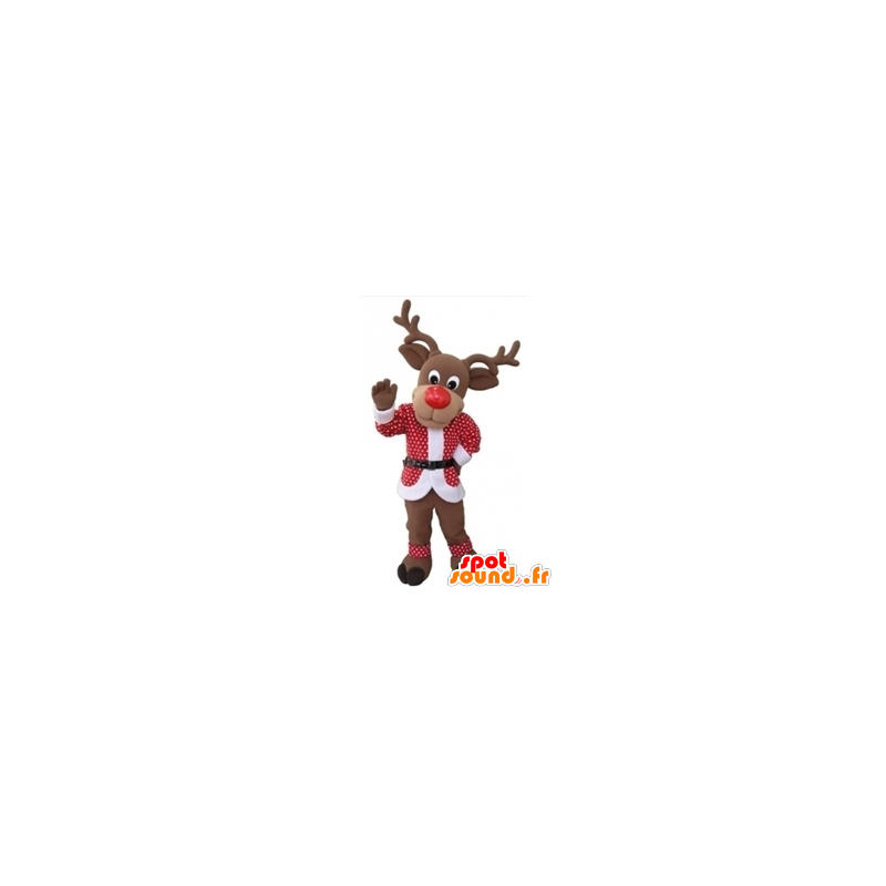 Mascota de Reno de Navidad con un traje rojo y blanco - MASFR031604 - Mascotas de Navidad