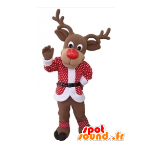 Mascota de Reno de Navidad con un traje rojo y blanco - MASFR031604 - Mascotas de Navidad