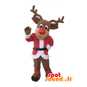 Mascotte de renne de Noël avec une tenue rouge et blanche - MASFR031604 - Mascottes Noël