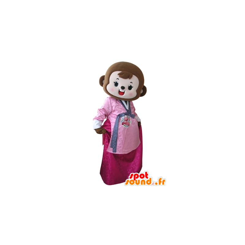 Hnědá opice maskot oblečená v růžových šatech - MASFR031606 - Monkey Maskoti