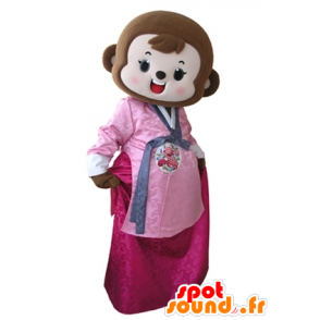 Brown monkey mascot dressed in pink dress - MASFR031606 - Mascots monkey