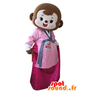 Ruskea apina maskotti pukeutunut vaaleanpunainen mekko - MASFR031606 - monkey Maskotteja