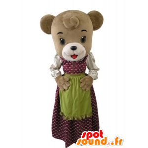 Orso bruno mascotte vestita in un vestito con un grembiule - MASFR031608 - Mascotte orso