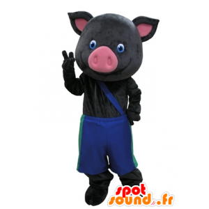 Maskot černé a růžové prase s modrými kalhotami - MASFR031609 - prase Maskoti