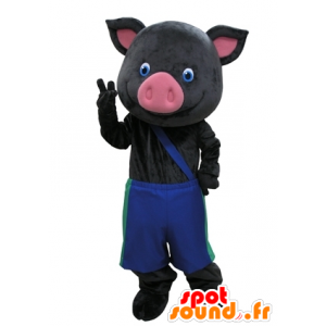 Μασκότ μαύρο και ροζ χοίρου με μπλε παντελόνι - MASFR031609 - Γουρούνι Μασκότ