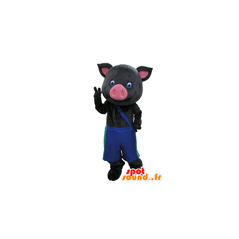Mascotte de cochon noir et rose avec un pantalon bleu - MASFR031609 - Mascottes Cochon