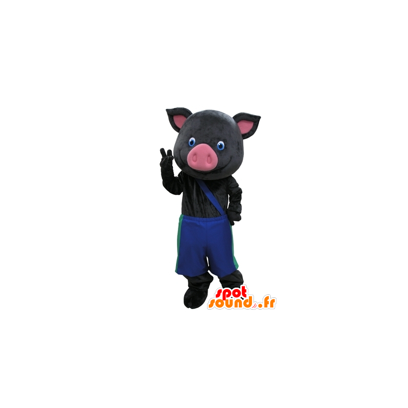 Mascot zwart en roze varken met blauwe broek - MASFR031609 - Pig Mascottes