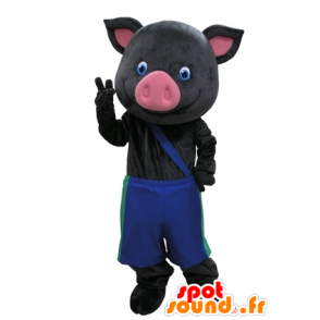 Mascotte de cochon noir et rose avec un pantalon bleu - MASFR031609 - Mascottes Cochon