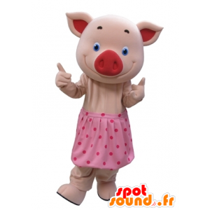 Rosa Schwein-Maskottchen mit blauen Augen und einem gepunkteten Rock - MASFR031610 - Maskottchen Schwein