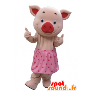 Mascote porco cor de rosa com olhos azuis e uma saia de bolinhas - MASFR031610 - mascotes porco
