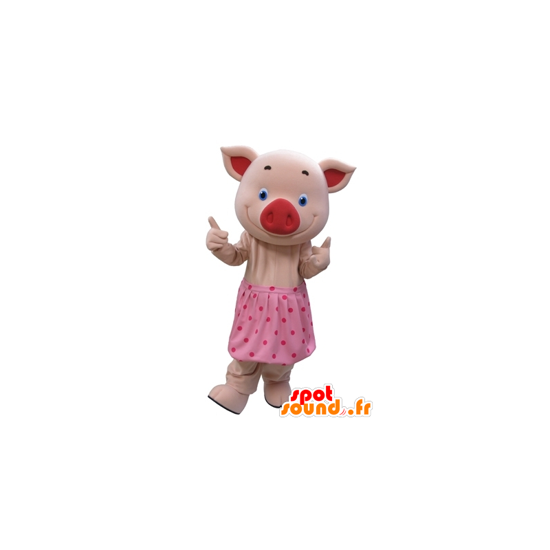 Mascote porco cor de rosa com olhos azuis e uma saia de bolinhas - MASFR031610 - mascotes porco