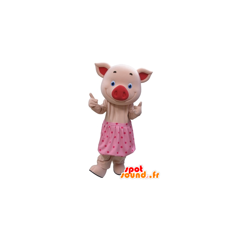 Roze varken mascotte met blauwe ogen en een polka dot rok - MASFR031610 - Pig Mascottes