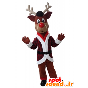 Mascotte de renne de Noël en tenue rouge et blanche - MASFR031612 - Mascottes Noël