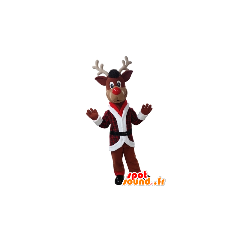 Mascotte de renne de Noël en tenue rouge et blanche - MASFR031612 - Mascottes Noël