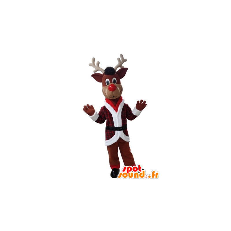 Rena do Natal Mascot segurando vermelho e branco - MASFR031612 - Mascotes Natal