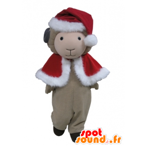Grå fåremaskot i rødt juleudstyr - Spotsound maskot kostume