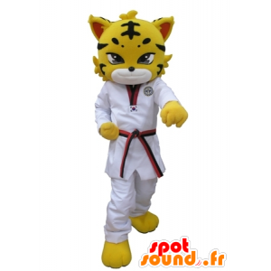Tiger maskot, oblečený ve žlutém leoparda s bílým kimono - MASFR031615 - Tiger Maskoti