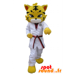 Tiikeri maskotti, pukeutunut keltainen leopardi, valkoinen kimono - MASFR031615 - Tiger Maskotteja