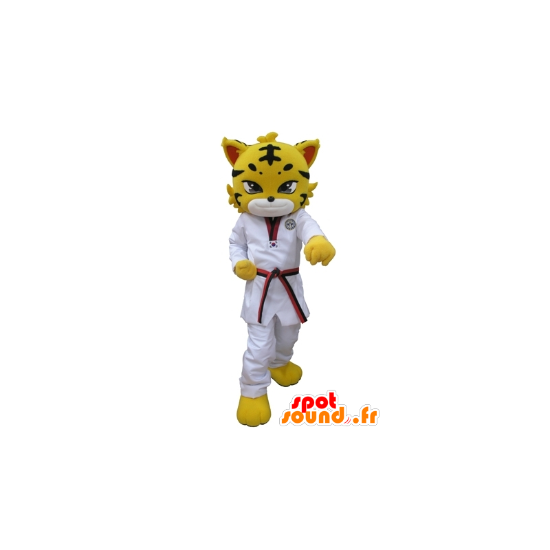 Tiger mascot, dressed in yellow leopard with a white kimono - MASFR031615 - Tiger mascots