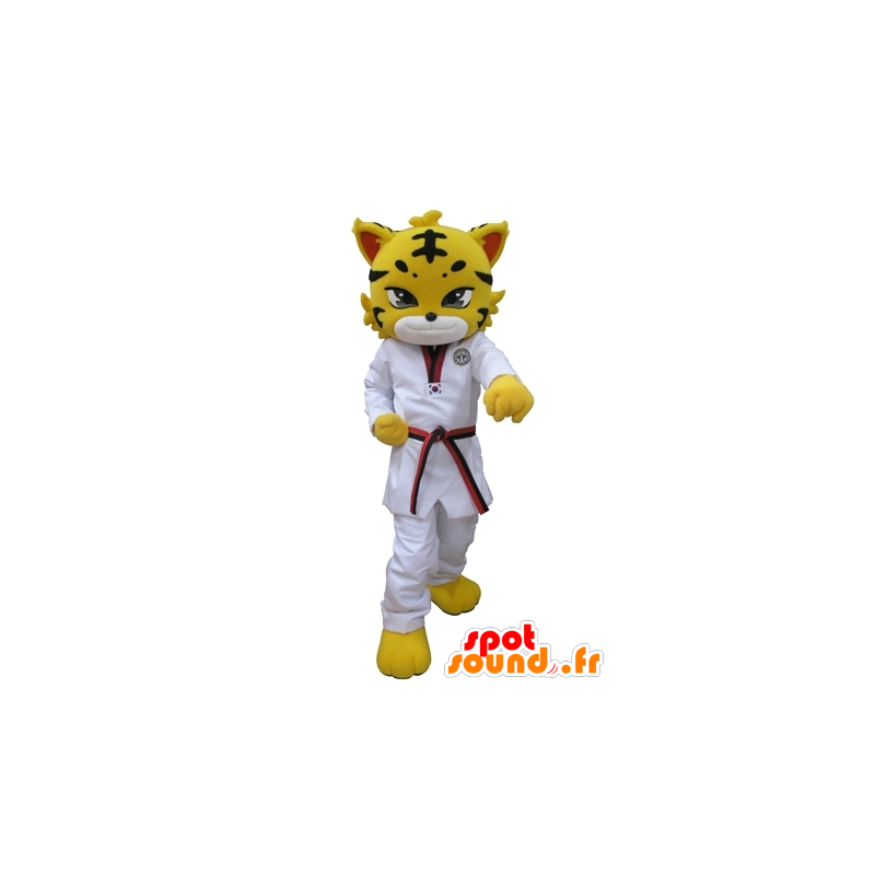 τίγρης μασκότ, ντυμένη στα κίτρινα λεοπάρδαλη με ένα λευκό κιμονό - MASFR031615 - Tiger Μασκότ