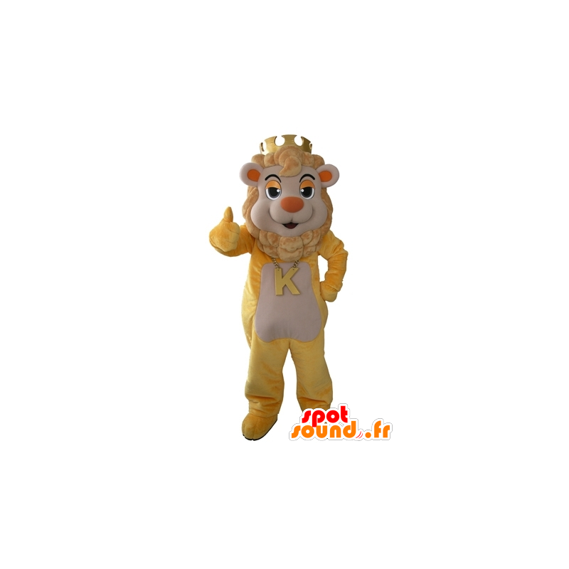 Mascotte de lion jaune et beige avec une couronne sur la tête - MASFR031616 - Mascottes Lion