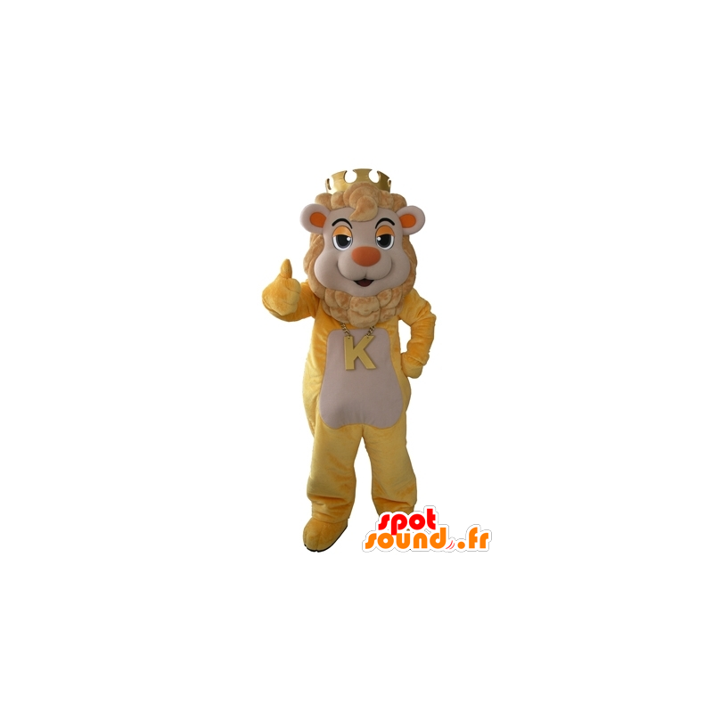 Yellow and beige lion mascot with a crown on his head - MASFR031616 - Lion mascots