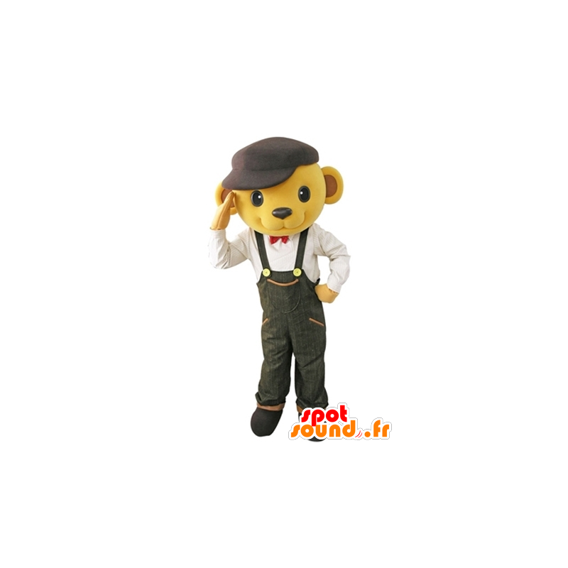 Bären-Maskottchen-gelben Overalls mit einem Barett gekleidet - MASFR031619 - Bär Maskottchen