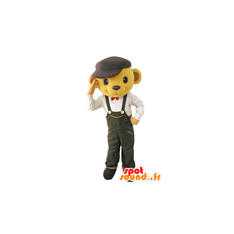 Mascot urso amarelo vestido de macacão com uma boina - MASFR031619 - mascote do urso