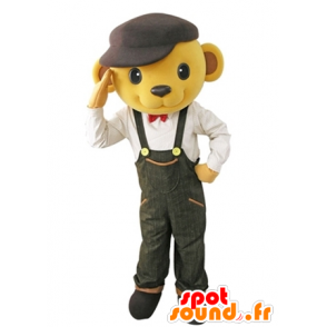 Bären-Maskottchen-gelben Overalls mit einem Barett gekleidet - MASFR031619 - Bär Maskottchen